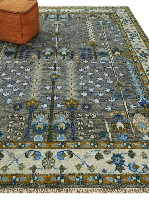 Hand Knotted Charcoal and Ivory Traditional Vintage Style Custom Made Wool Area Rug