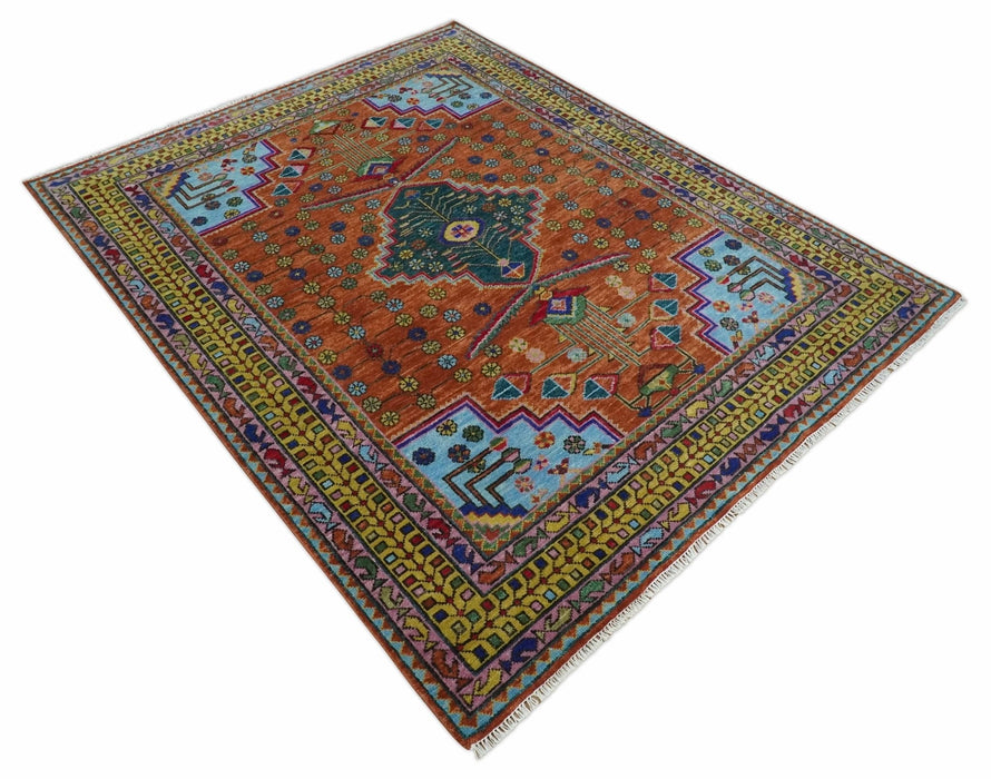 Hand Knotted Rust and Blue Traditional Floral Multi Size Wool Area Rug
