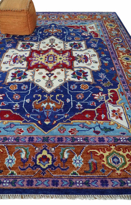 Maroon, Ivory, Blue and Rust Hand Knotted Traditional Heriz Multi Size wool Area Rug