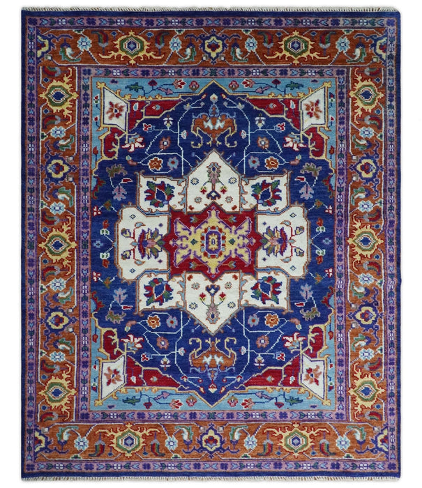 Maroon, Ivory, Blue and Rust Hand Knotted Traditional Heriz Multi Size wool Area Rug