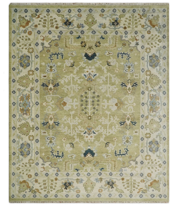 Hand Knotted Custom Made Olive, Silver and Beige Traditional Wool Rug