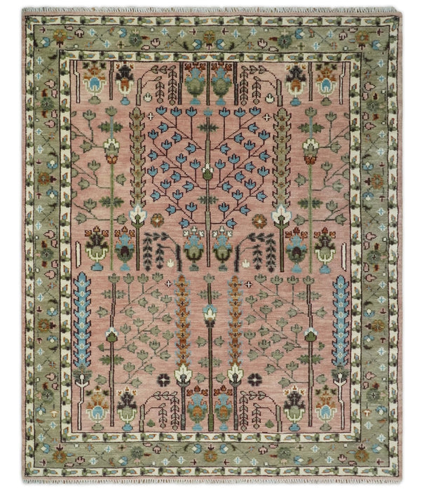 Pink, Olive and Beige Traditional Vintage Heriz Serapi Wool Rug