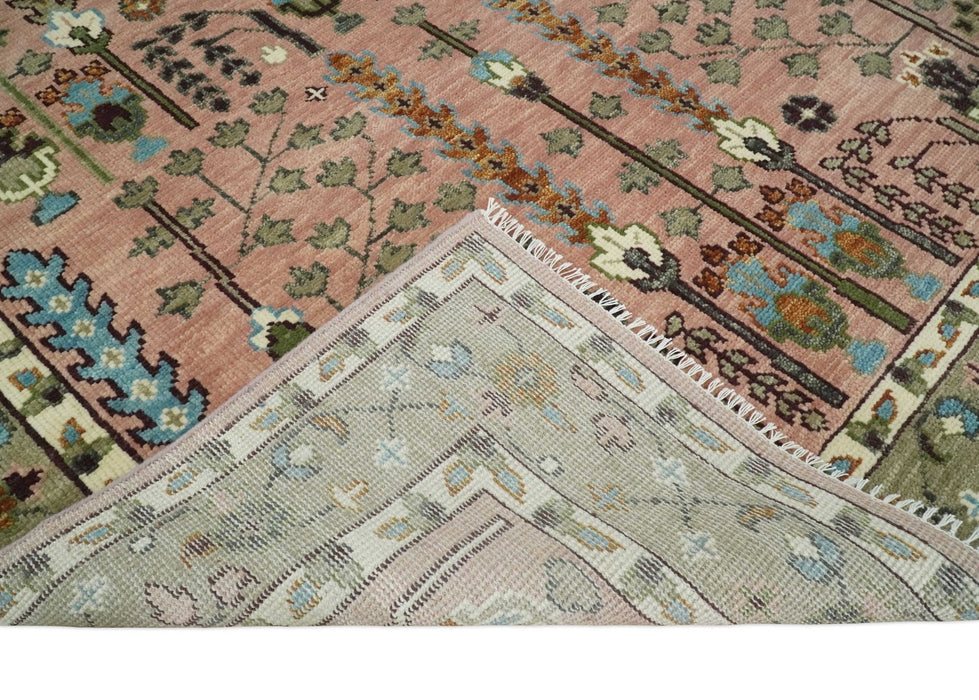 Pink, Olive and Beige Traditional Vintage Heriz Serapi Wool Rug