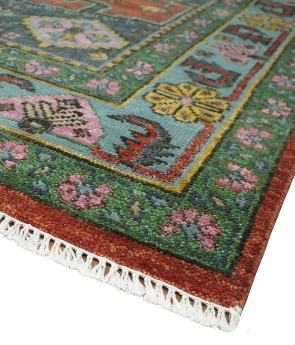 Hand Knotted Rust, Blue and Olive Traditional Antique Wool Rug