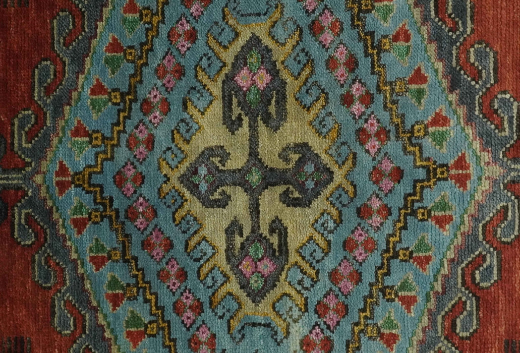 Custom Made Hand Knotted Red, Blue and Olive Traditional Antique Style Wool Rug
