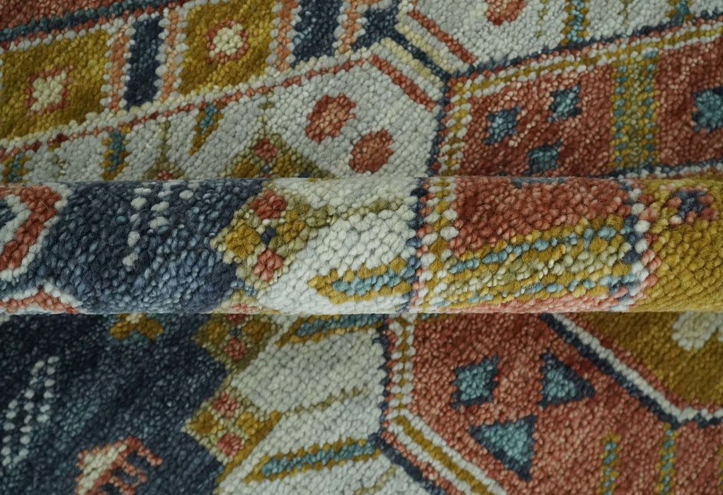 Rust, Gold and Blue Traditional Hand knotted Custom Made wool Area Rug