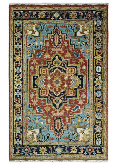 Rust, Blue and Beige Traditional Heriz Medallion Hand Knotted Multi Size Wool Area Rug