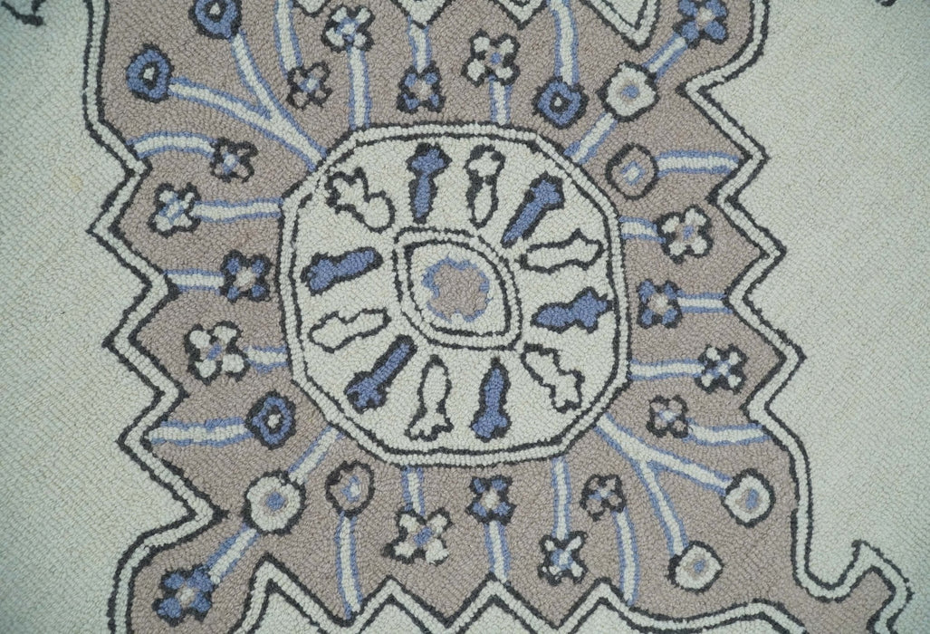Ivory and Peach Persian Style Tribal Hand Tufted Wool Area Rug