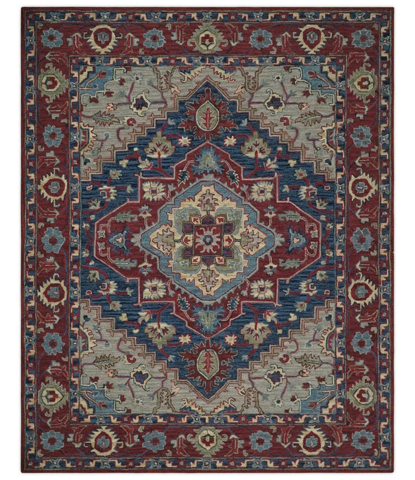 Maroon and Blue Hand Tufted Traditional Medallion Multi Size wool Area Rug