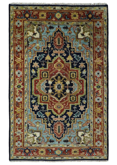 Custom Made Traditional Blue and Rust Hand Knotted Wool Area Rug