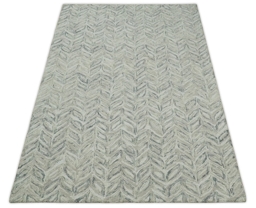 Custom Made Beige and Gray Leaf's Hand Tufted Modern Scandinavian Wool Loop Rug