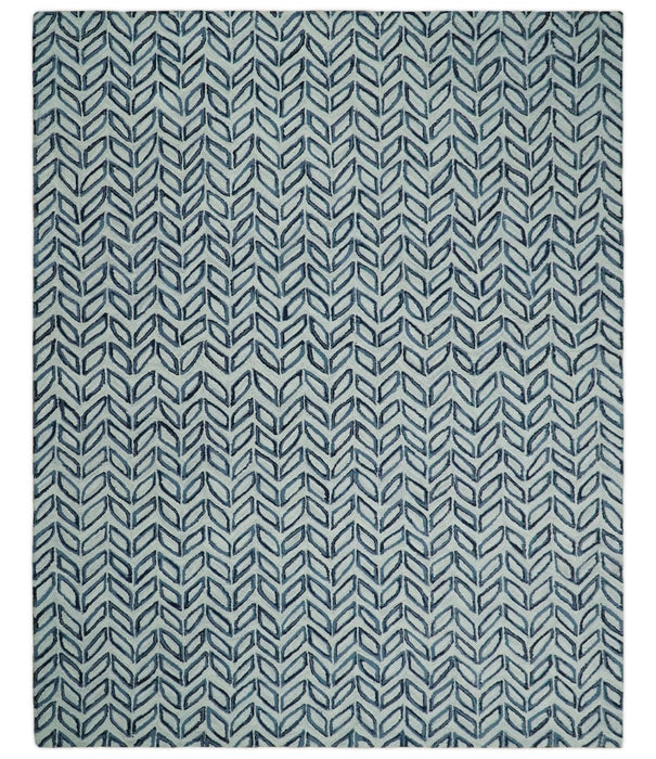 5X8 and 8x10 Contemporary Farmhouse Leaf's Hand Tufted Silver and Blue Loop Wool Rug