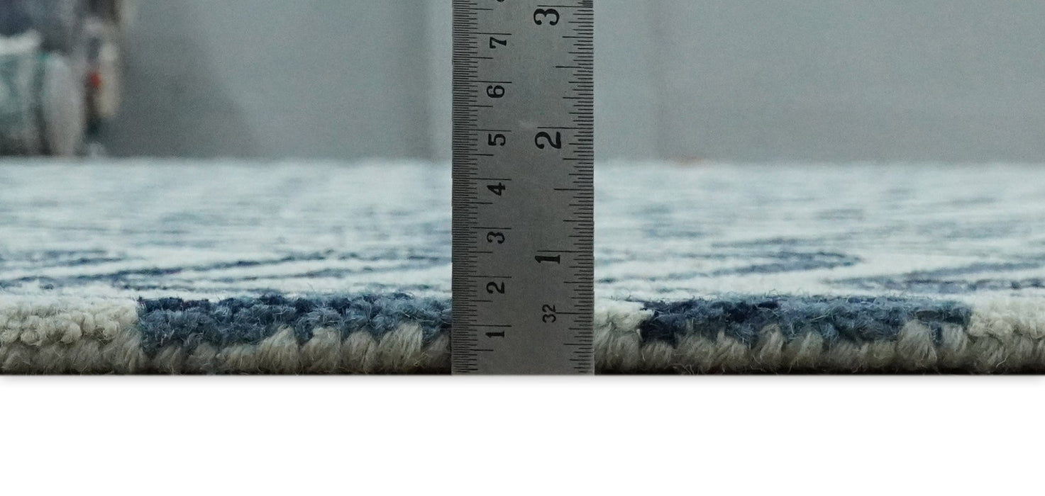 5X8 and 8x10 Contemporary Farmhouse Leaf's Hand Tufted Silver and Blue Loop Wool Rug