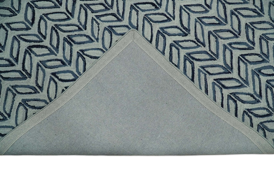5X8 and 8x10 Contemporary Farmhouse Leaf's Hand Tufted Silver and Blue Loop Wool Rug