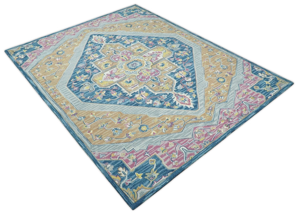 Traditional Blue and Camel Textured Loop Wool Hand Tufted Area Rug