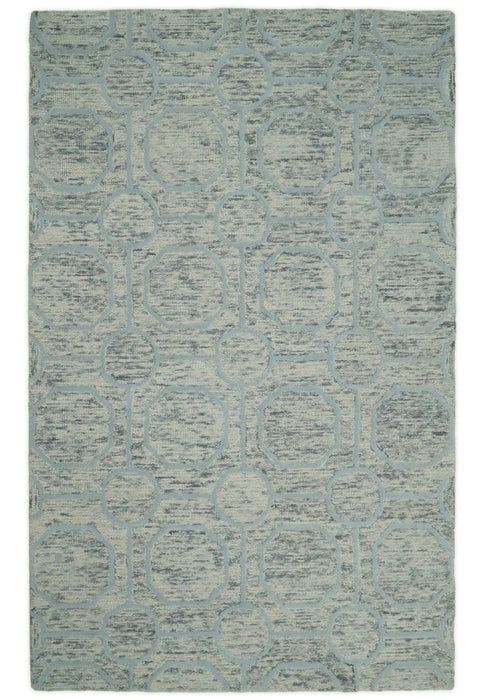 Beige and Silver Hand Hooked Modern Wool Area Rug