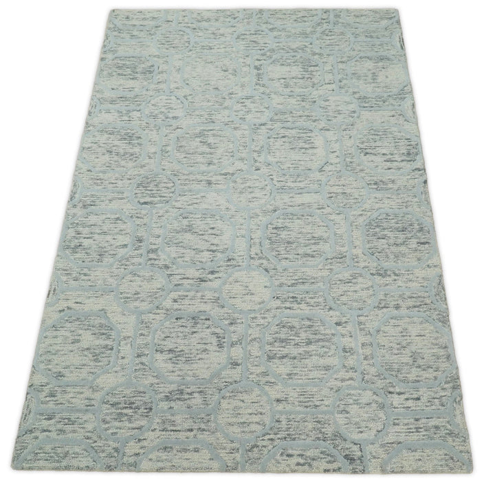 Beige and Silver Hand Hooked Modern Wool Area Rug