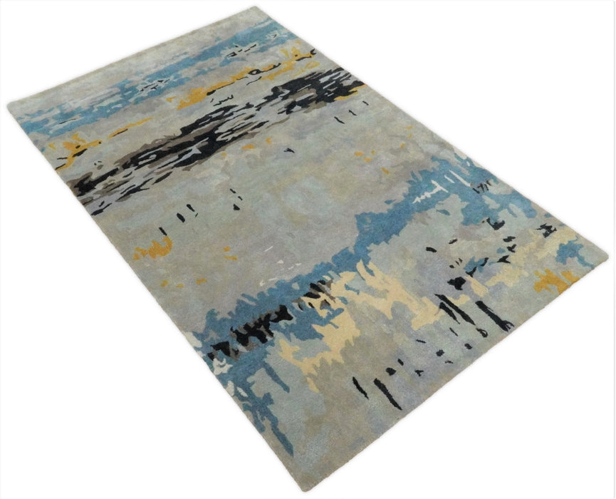Blue and Silver Modern Abstract Hand Tufted Wool and Art Silk 5x8 Area Rug