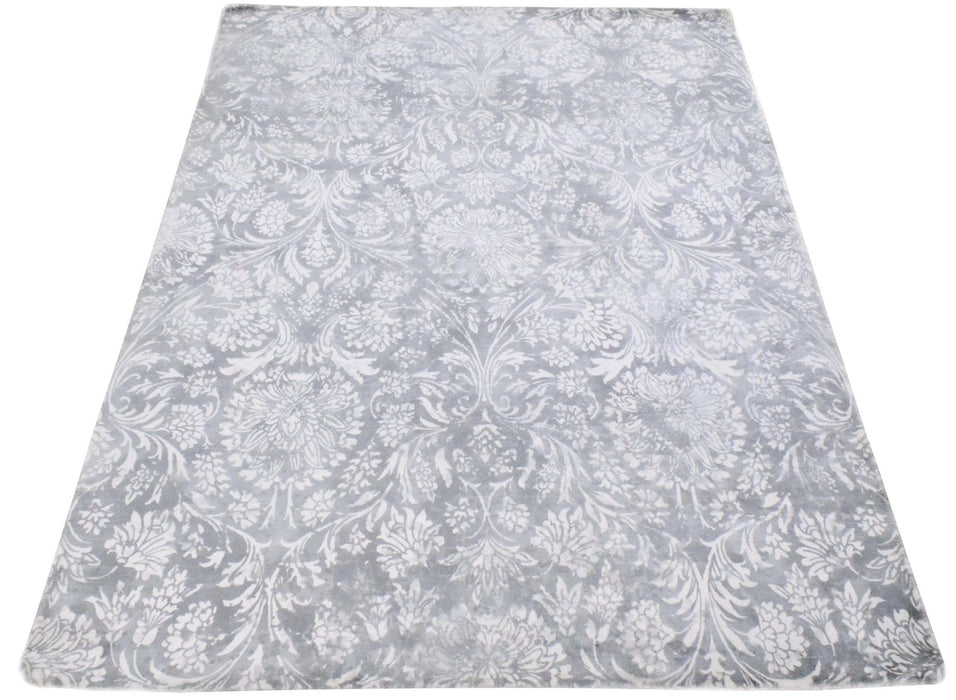 Modern Floral Silver And Ivory Hand Loom Viscose 5x8 Area Rug