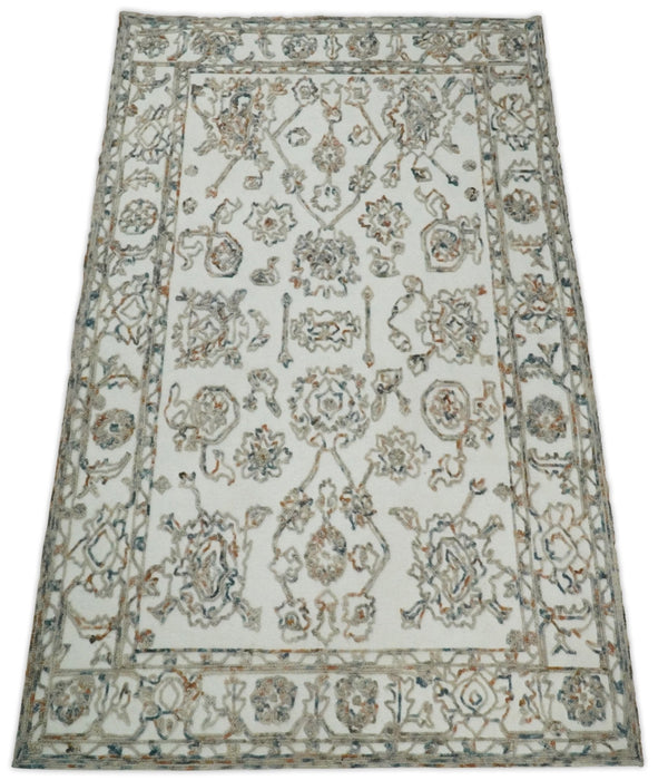 Modern Ivory And Blue Hand Tufted 5x8 Wool Textured Loop Area Rug