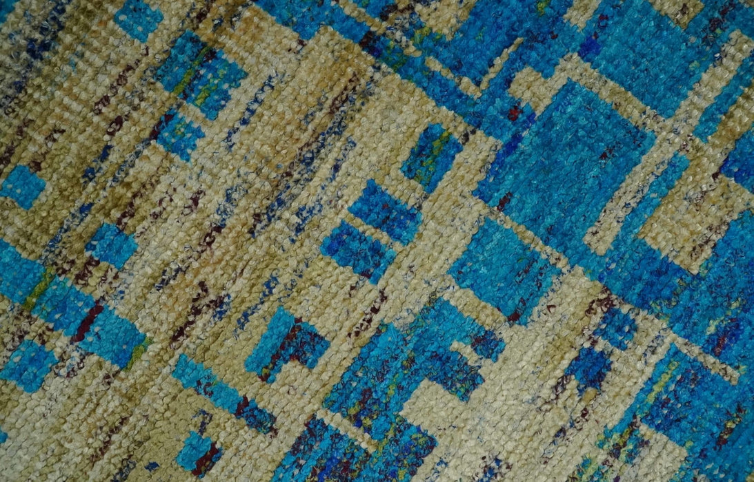 5x8 Hand Knotted Beige and Blue Modern Abstract  Recycled Silk Area Rug