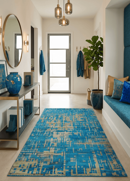 5x8 Hand Knotted Beige and Blue Modern Abstract  Recycled Silk Area Rug