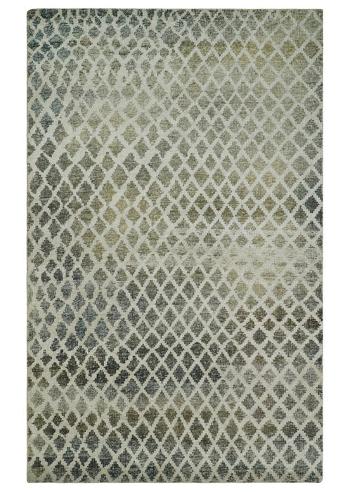 5x8 Hand Knotted Beige, Charcoal and Olive Modern Diamond Geometric Contemporary Recycled Silk Area Rug | OP87