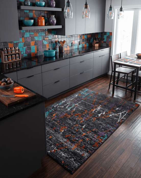 5x8 Hand Knotted Black and Rust Modern Abstract Recycled Silk Area Rug