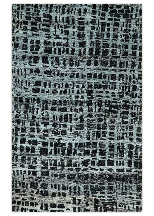 5x8 Hand Knotted Black and Silver Modern Abstract  Recycled Silk Area Rug
