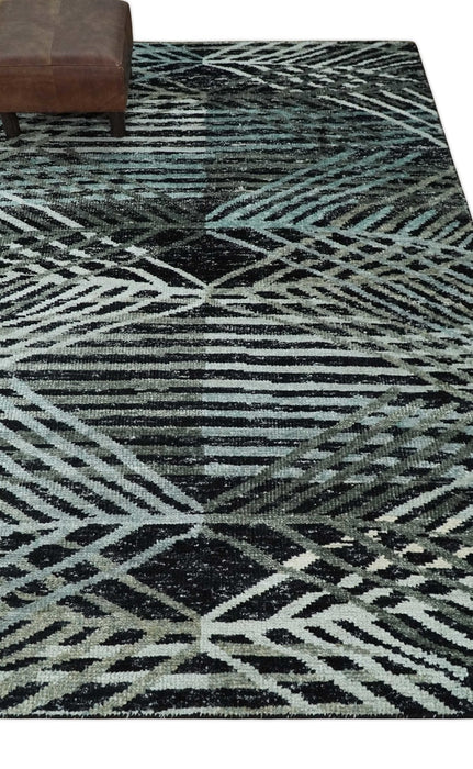 5x8 Hand Knotted Black, Ivory and Teal Modern Style Contemporary Recycled Silk Area Rug | OP119