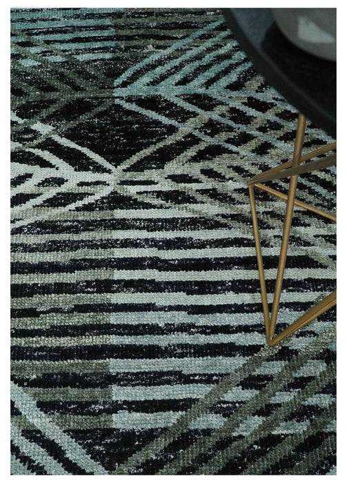 5x8 Hand Knotted Black, Ivory and Teal Modern Style Contemporary Recycled Silk Area Rug | OP119