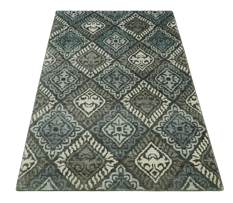 5x8 Hand Knotted Charcoal, Blue and Ivory Contemporary Bamboo Silk Area Rug