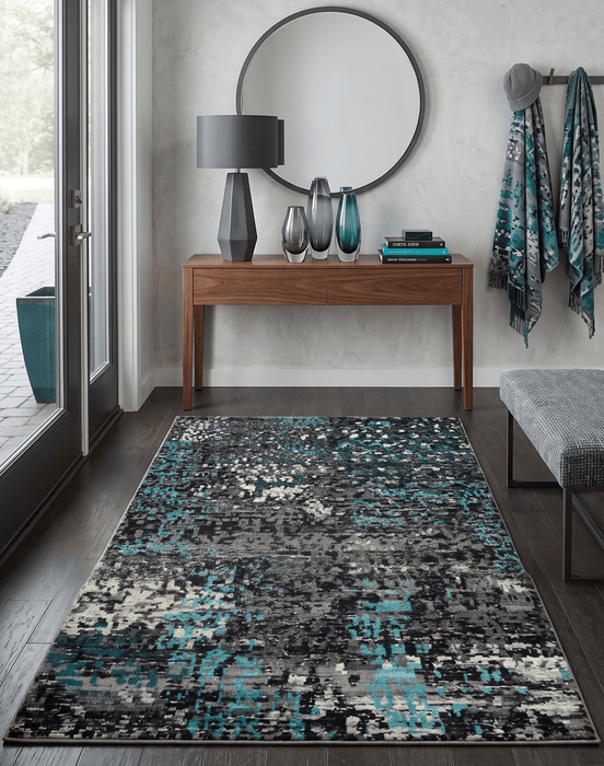 5x8 Hand Knotted Charcoal, Ivory and Blue Modern Abstract  Recycled Silk Area Rug