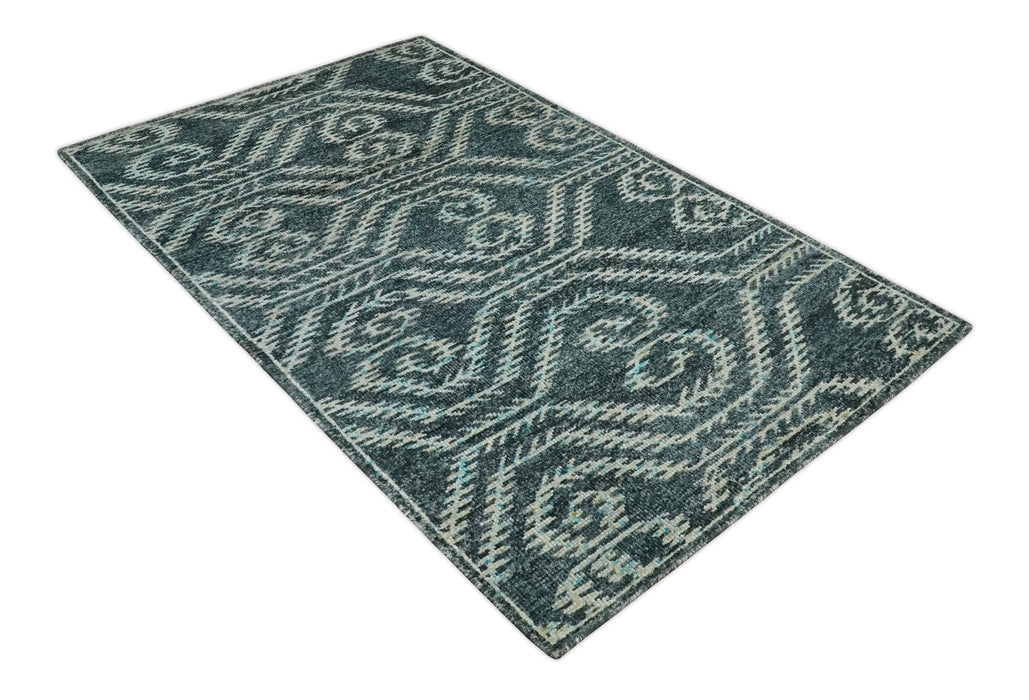 5x8 Hand Knotted Dark Gray and Ivory Modern Contemporary Southwestern Tribal Trellis Recycled Silk Area Rug | OP115