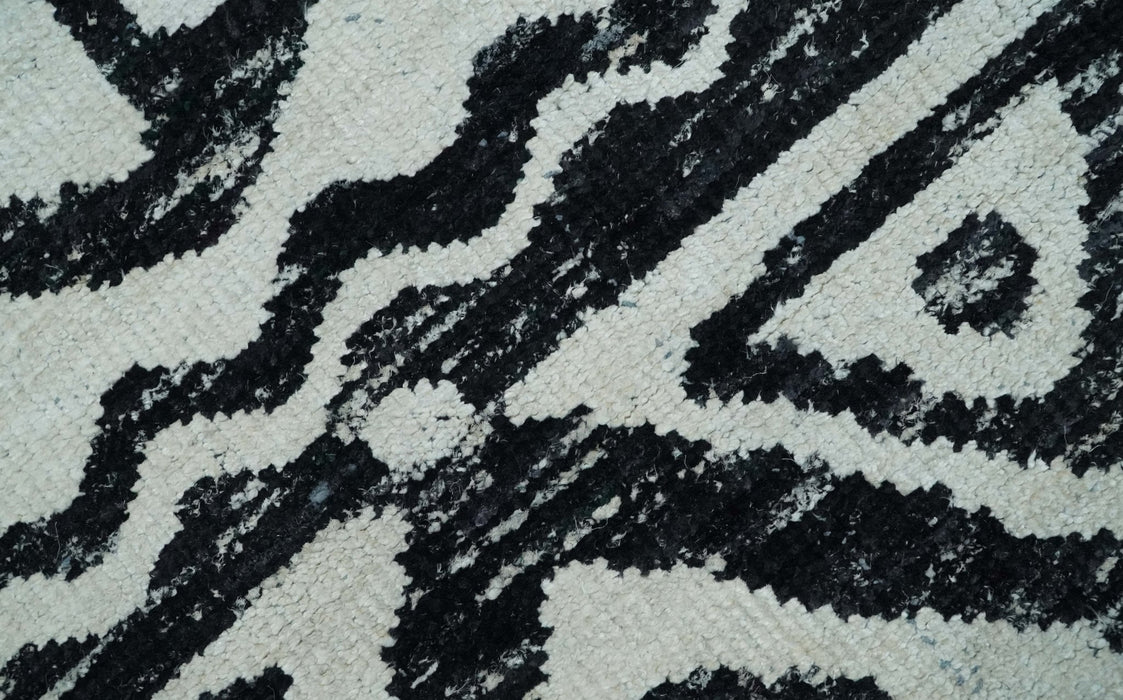 Hand Knotted Ivory and Black Antique Design Contemporary Recycled Silk Area Rug