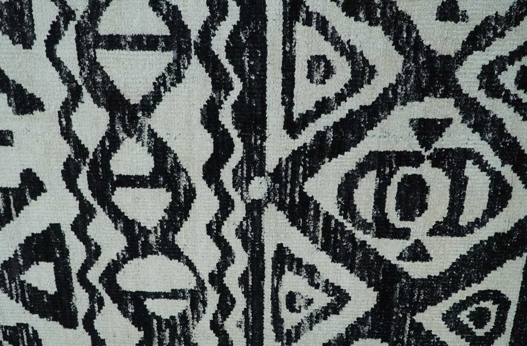 Hand Knotted Ivory and Black Antique Design Contemporary Recycled Silk Area Rug