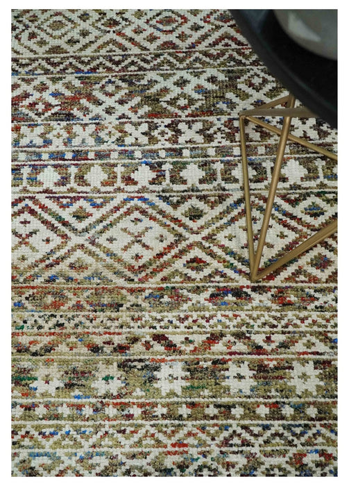 5x8 Hand Knotted Ivory, Olive and Rust Modern Contemporary Recycled Silk Area Rug