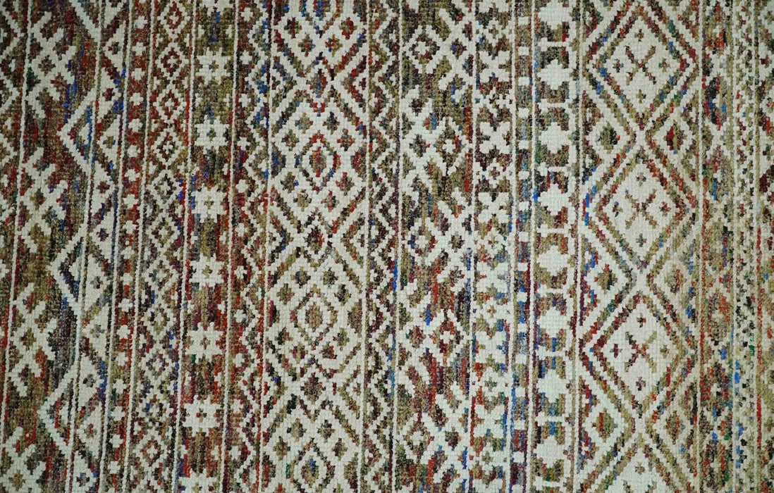 5x8 Hand Knotted Ivory, Olive and Rust Modern Contemporary Recycled Silk Area Rug