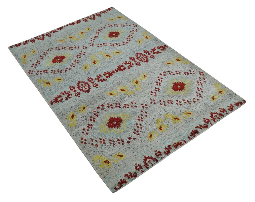 5x8 Hand Knotted Ivory, Red and Yellow Persian made of Recycled Silk Area Rug | OP95
