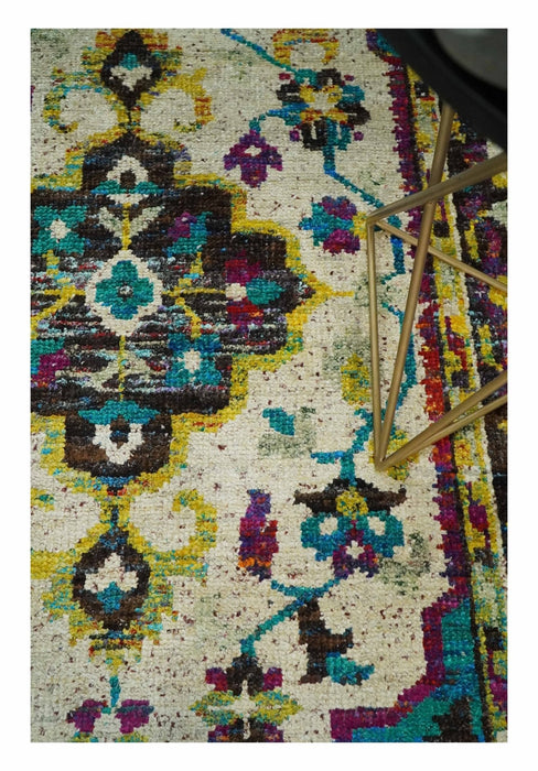 5x8 Hand Knotted Ivory, Teal Blue and Brown Antique Persian Style Contemporary Bamboo Silk Area Rug | OP76