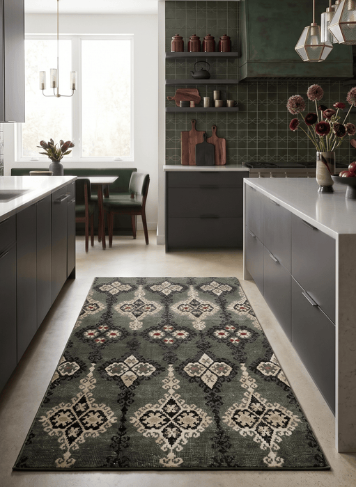 5x8 Hand Knotted Moss Green, Beige and Black  Antique Persian Style Recycled Silk Area Rug