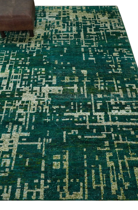 5.6x8 Hand Knotted Green and Beige Modern Abstract Recycled Silk Area Rug