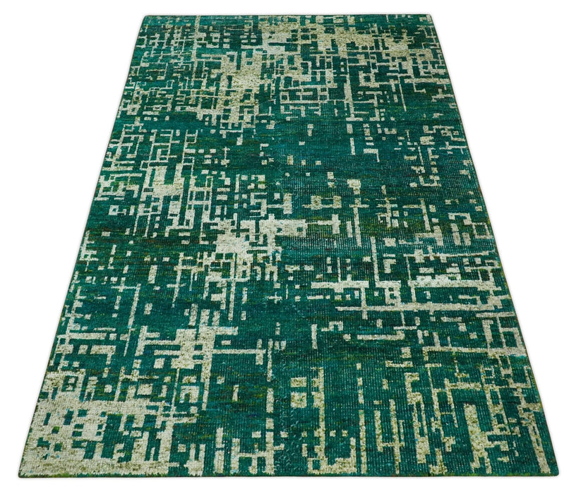 5.6x8 Hand Knotted Green and Beige Modern Abstract Recycled Silk Area Rug