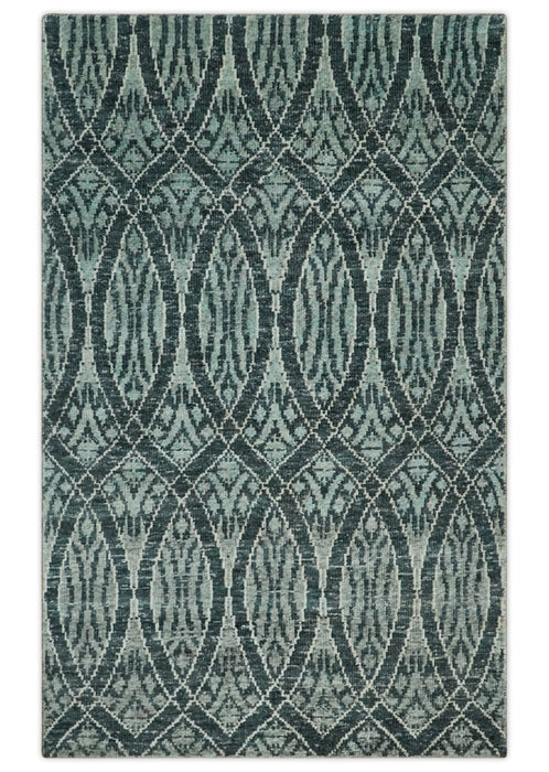 5x8 Hand Knotted Teal, Ivory and Blue Modern Style Contemporary Recycled Silk Area Rug | OP109