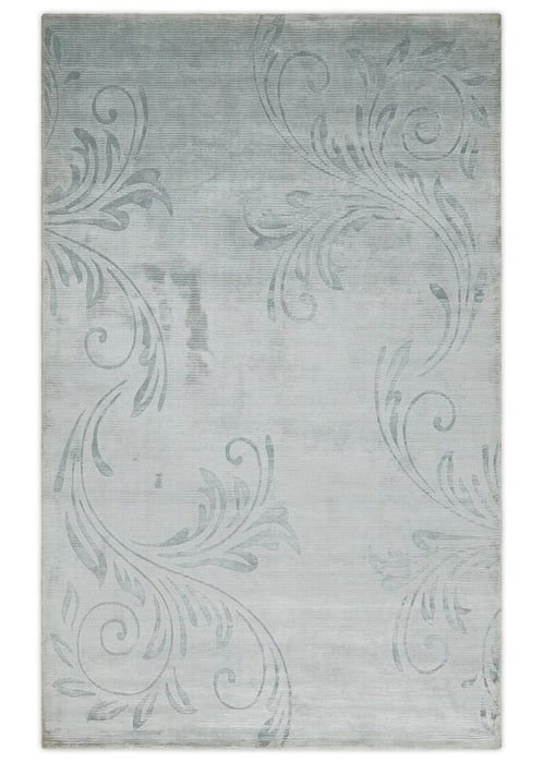 5x8 Hand Woven Silver and Gray Modern Floral Art Silk Rug