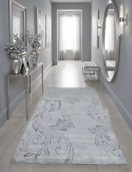 5x8 Hand Woven Silver and Gray Modern Floral Art Silk Rug