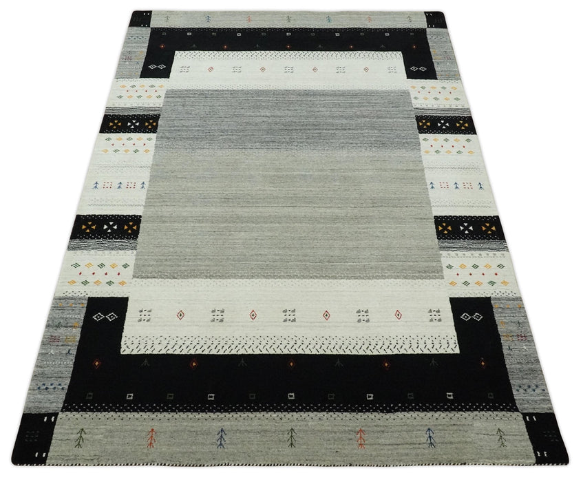 5x8 Ivory and Black Striped Wool Hand Woven Southwestern Gabbeh Rug