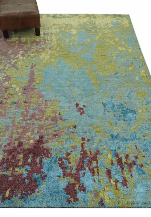 5x8 Modern Abstract Aqua, Olive and Brown Hand Knotted wool Area Rug