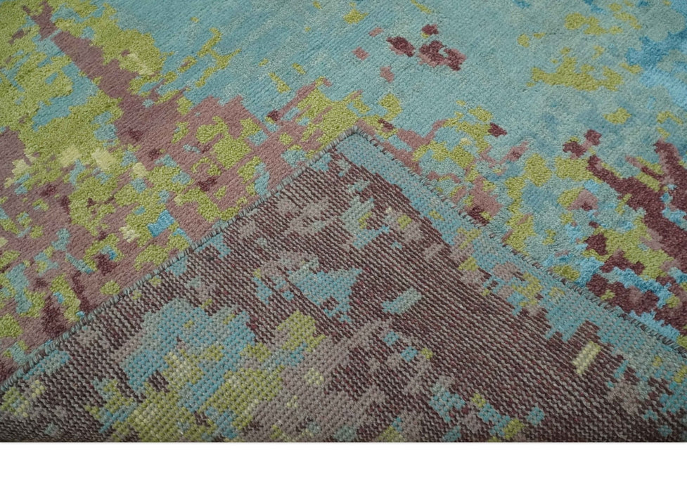 5x8 Modern Abstract Aqua, Olive and Brown Hand Knotted wool Area Rug