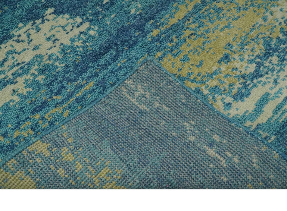 5x8 Modern Abstract Blue, Ivory and Olive Hand Knotted wool Area Rug